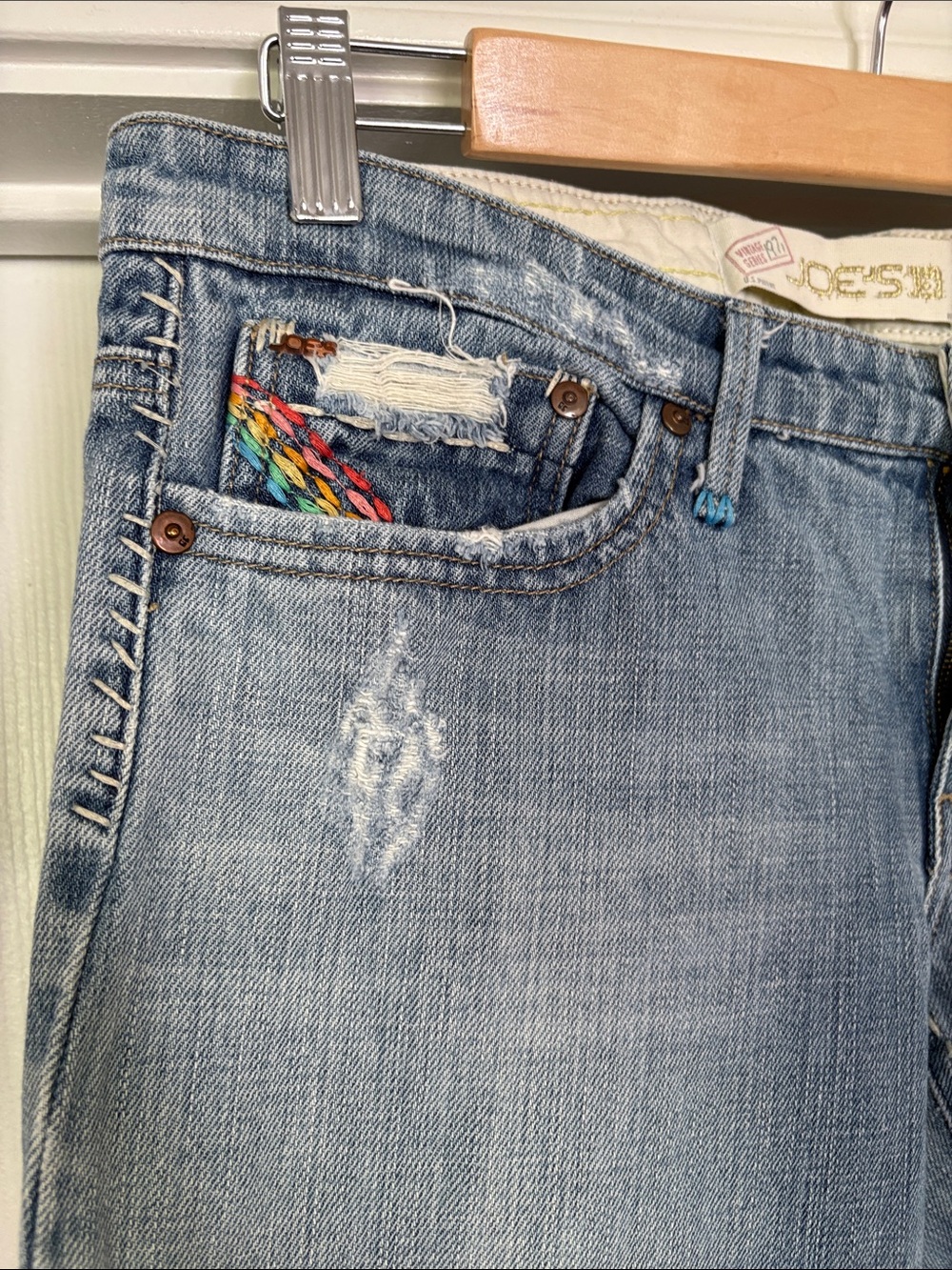 Joe's Jeans 1971 Light Blue Distressed Flare Jeans with Rainbow Embroidery - Picture 5 of 7